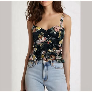 Band of Gypsies Collective Black Floral Cami Smocked Crop Top Size Large